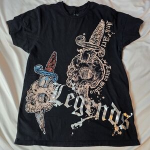 Black Graphic T-Shirt with Skull and Dagger Design Legends